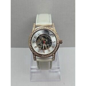 Burgi Automatic Skeleton Watch Rose Gold Crystal Bezel White Strap Exhibition